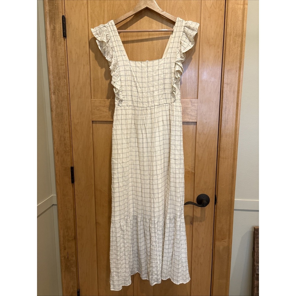 Evereve Mae Windowpane Smocked Plaid Ruffle Sleeve‎ Midi Women's Dress Medium